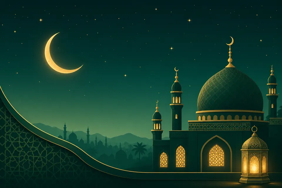 رسم توضيحي إسلامي لساعات الصيام في رمضان بالرياض